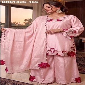 Hermoso traje de satén de rayón con bordado floral multihilo, conjunto listo para usar con pantalón palazzo y dupatta. Proveedor mundial. - Product Image 1