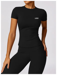 Haut de yoga à col montant pour femme, respirant, uni, séchage rapide, t-shirt de sport, logo personnalisé, manches courtes, chemises ajustées, OEM - Product Image 4