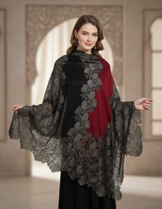 Women's Lightweight Breathable Anti-Bacterial Durable Merino <b>Wool</b> Silk Blend Long All Seasons Fashion Shawl 5 Side Floral Lace - Product Image 2