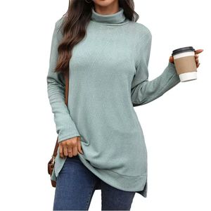 Women's Casual Long Sleeve T-Shirt Crewneck Collar Fall Side Split Solid Color 100% Merino Wool Button Diamonds Customizable - Product Image 2