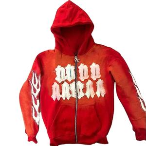 Alta calidad bordado desgastado peso pesado algodón Terry tela recortada Zip up hombres Sudadera con capucha desgastada transpirable al por mayor - Product Image 1