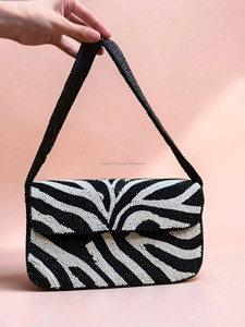 Geometric Pattern Beaded Bohemian Shoulder <b>Bag</b> Crossbody Purse Black <b>White</b> <b>Evening</b> Clutch Party Handbag - Product Image 1