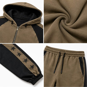 Ensemble de survêtement unisexe à capuche, manches longues, coupe ample, imprimé motif géométrique, streetwear, vêtements d'automne, noir, vert olive - Product Image 6
