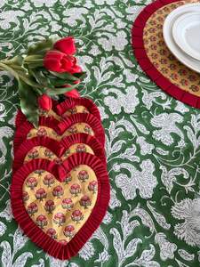 Heart-Shaped Linen Fabric <b>Table</b> <b>Mat</b> Luxury Vintage Floral Design Handmade Red Border <b>Green</b> Background Eco-Friendly Non-Toxic - Product Image 3
