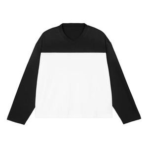 100% Cotton Custom Men Boxy T Shirt Long Sleeve V Neck Street Wear Layered Contrast Sleeve Customized printing 3D Embroidery - Product Image 3
