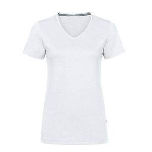 เสื้อยืดคอกลมสีขาวล้วนสำหรับผู้หญิง พิมพ์โลโก้ตามสั่ง เสื้อยืดคอวีผ้าฝ้ายสำหรับผู้หญิง - Product Image 1