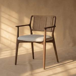 Nordic Teak Arm <b>Chair</b> with Woven Backrest Modern Upholstered <b>Dining</b> <b>Chair</b> for Luxury Contemporary Interior - Product Image 1