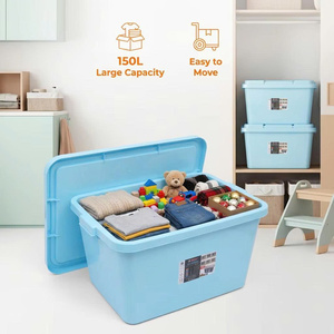Boîte de rangement en plastique de 150 L avec couvercle, bac de rangement rectangulaire pour vêtements, grande capacité, empilable, pour usage domestique - Product Image 1