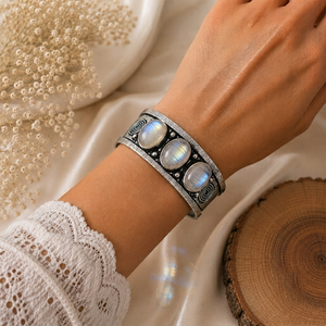 <b>Crystal</b> Dawn Natural Rainbow Moonstone Trio Gem Wide Bezel Set Cuff Bangle Handcrafted Brass Silver/Gold Plated Artisan Classic - Product Image 2