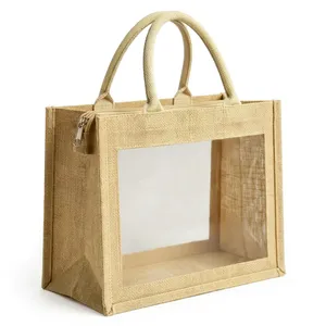Bolsa de Yute Blanca con Cierre de Cremallera, Ventana Transparente, Reutilizable, Ecológica, para Regalos, con Logotipo Personalizado Impreso - Product Image 4