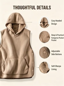 Mens Beige Khaki Hooded Vest Sherpa Lined Fleece Pullover <b>Sleeveless</b> <b>Hoodie</b> Oversized Loose Side Button Vest With Pocket - Product Image 6
