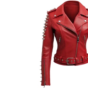 Veste de motard de luxe personnalisée pour femme en cuir véritable rouge cloutée avec ceinture, col rabattu, style universitaire - Product Image 4