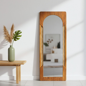 Rectangular wood full length <b>mirror</b>, geometric cane mesh <b>panel</b> insert accent floor dressing <b>mirror</b> available at wholesale prices - Product Image 1