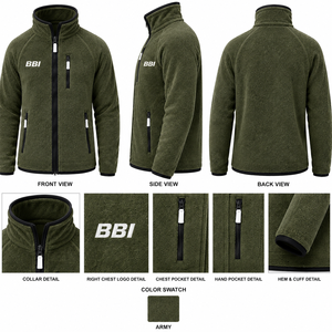 Veste polaire militaire pour homme, manteau sherpa olive foncé, fermeture éclair intégrale, col montant, veste chaude en polaire, garniture contrastante noire - Product Image 1