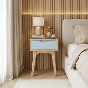 Mesita de Noche Moderna de Estilo Escandinavo Minimalista, de Madera, con 1 Cajón, Frente Blanco, Mueble para Dormitorio - Product Image 2