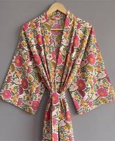 Robe longue ample kimono bohème à imprimé floral pour la plage, manches trois quarts, devant ouvert, en coton tissé, tenue décontractée de printemps