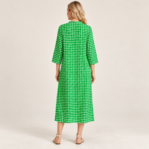 Robe midi à col en V à carreaux verts, manches trois quarts, coupe ample, style décontracté d'été, tissée 100% coton respirant - Product Image 3