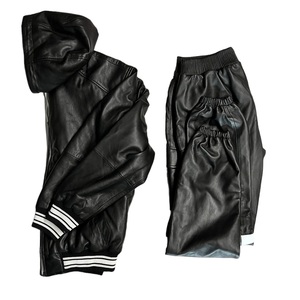 Custom OEM Men's Genuine <b>Sheepskin</b> Leather Tracksuit Two-Piece Set Striped Trim Hooded Bomber <b>Jacket</b> and Cargo Jogger set - Product Image 6