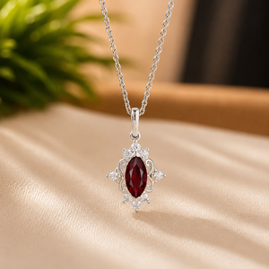 Plated Yellow Gold Pendant <b>Necklace</b> Marquise Red Gemstone Anniversary Floral Jewelry for Women - Product Image 3