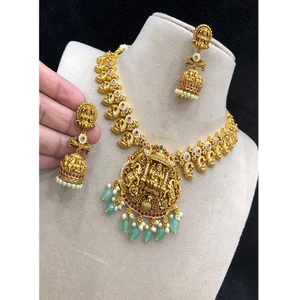 Pretty Antique Polish Premium Quality Brass Metal CZ Jadau Stone Nagas Work Design Strawberry Quartz <b>Beads</b> Hanging Necklace - Product Image 2