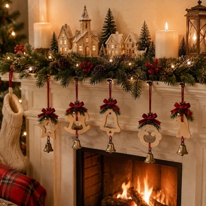 Rustic Wooden Christmas <b>Ornaments</b> Featuring Festive Hanging Bells <b>Red</b> Ribbons Pine Accents Perfect Holiday Tree Decoration - Product Image 3