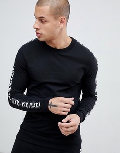 T-shirt à manches longues pour homme, noir, col rond, avec imprimé lettres sur les manches, style streetwear, coupe classique, pour l'automne - Product Image 1