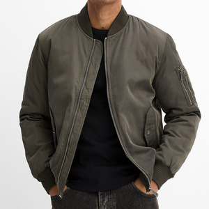 Blouson bomber vert olive pour homme, couleur unie, col rabattu, fermeture éclair, vêtement décontracté pour l'automne, coupe-vent, rembourrage en polyester - Product Image 1