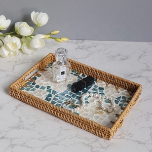 Boho Style Manufacturer square Rattan Mother of Pearl Inlay Tray, Woven Tray with <b>Handle</b> Tray for Coffee Tea - Product Image 5