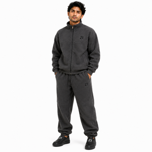 Ensemble de survêtement en molleton sherpa anthracite pour homme, 2 pièces, veste zippée intégrale et pantalon de jogging avec détails de panneaux, vêtements décontractés d'hiver, marque privée OEM ODM - Product Image 1