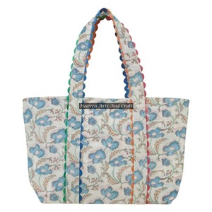 Sac fourre-tout en coton imprimé floral à la main avec bordure en ric-rac pour femmes, grand sac cadeau d'été, style vintage, sac ouvert - Product Image 1
