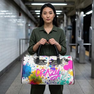Paint Splatter Luxury Leather Duffel <b>Bag</b> with Black Handles Zipper Closure Large Capacity Travel Weekender Style - Product Image 4