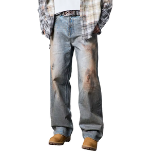 Jean en denim décontracté 100 % coton pour homme, coupe droite ample avec délavage enzymatique intensif, idéal pour l'hiver - Product Image 1