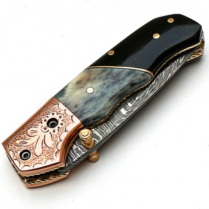 Custom OEM Handmade Damascus Straight Camping Folding <b>Knife</b> Camel <b>Bone</b> Buffalo Horn <b>Handle</b> Engraved Pocket <b>Knife</b> Leather Sheath - Product Image 4