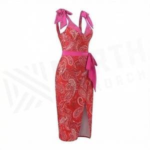 NORTH APPROACH Women's <b>Red</b> Paisley Print Swimdress With Pink Halter Straps And <b>Belted</b> Waist - Product Image 3
