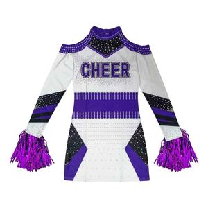 Uniforme de cheerleading 100% coton, coupe athlétique, manches longues, passepoil contrastant, ornements en pierres scintillantes et pompons en strass, modèle Solid Traders - Product Image 1