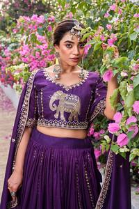 Conjunto de Lehenga de Seda Morada Bordada con Motivo de Elefante, Blusa y Dupatta Cosidos, Traje Tradicional Indio para Boda - Product Image 4