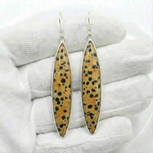 Boucles d'oreilles pendantes en argent sterling 925 faites à la main avec serti clos, motif cheval sauvage et jaspe dalmatien, longues gouttes de pierres précieuses marquise - Product Image 2