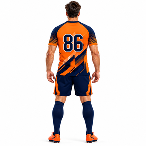 Ensemble de maillot de football pour homme orange et bleu marine, impression numérique, polyester/coton, écologique, séchage rapide, uniforme de football, short assorti - Product Image 4