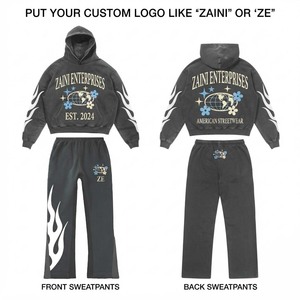 Men <b>Tracksuit</b> 380 GSM Cotton Fleece Custom Logo Screen Print Charcoal Gray Hoodie Sweatpants <b>White</b> Flame Panel Streetwear Set - Product Image 1
