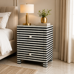 Mesita de Noche con Incrustaciones de Hueso, Mesa Auxiliar Moderna con Rayas, Gabinete de Madera con Cajones para Dormitorio o Sala de Estar - Product Image 2