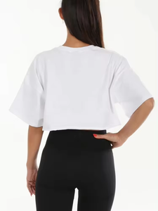 Nouveau T-shirt court à col ras du cou et épaules tombantes en coton 100% pour femme, imprimé numérique, respirant, séchage rapide, idéal pour l'été, vente en gros - Product Image 4