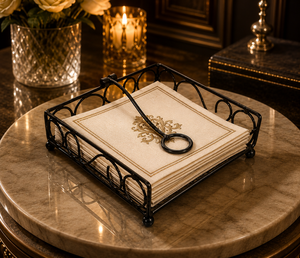 Porte-serviettes décoratif en métal de luxe avec finition noire ornée et serviettes élégantes pour table à manger, restaurant, hôtel, décoration de la maison - Product Image 1