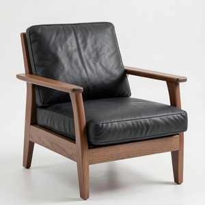 เก้าอี้พักผ่อนหนังวัวแท้สีดำ โครงไม้สีน้ำตาลธรรมชาติ เก้าอี้นวมทันสมัยสำหรับร้านกาแฟ ร้านกาแฟ เฟอร์นิเจอร์ห้องนั่งเล่น - Product Image 1