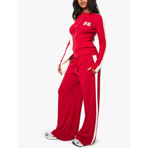 <b>Red</b> Wide Leg Sweatpants With Side Stripe Elastic Waist Drawstring Closure Casual Pants For <b>Women</b> - Product Image 5