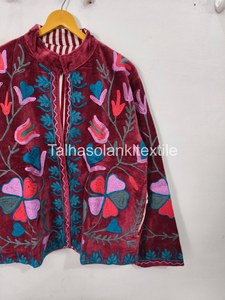 Red Velvet Suzani Jacket Handmade Full Sleeve Autumn <b>Women's</b> <b>Coat</b> Floral Embroidered Jacket <b>Coat</b> - Product Image 3