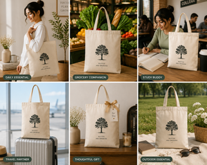 Bolsa de Mano 38x40x10cm de Lona de Algodón Natural con Estampado de Árboles, Estilo Minimalista, Plegable, Cierre Personalizado, para Viajes y Compras - Product Image 3