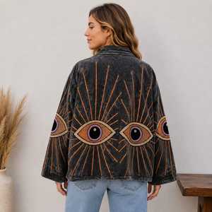 Chaqueta Bomber Negra para Mujer, Cuello Alto, Manga Larga, Patrón de Ojos Bordado a Mano, Ropa de Invierno - Product Image 2