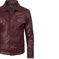 Blouson Trucker en Cuir Véritable pour Homme Style Jean Bordeaux/Maroon, Veste Décontractée Boutonnée OEM pour Université