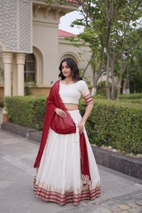 White Cotton <b>Lehenga</b> Choli Set With <b>Red</b> Dupatta Traditional Indian Wedding Wear For Women Floor Length Regular Fit - Product Image 5
