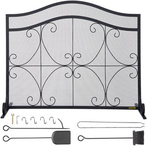 Écran de cheminée autoportant en fer robuste 38 x 26,5 pouces, grille métallique anti-étincelles, accessoires pour balai, pince et pelle - Product Image 1
